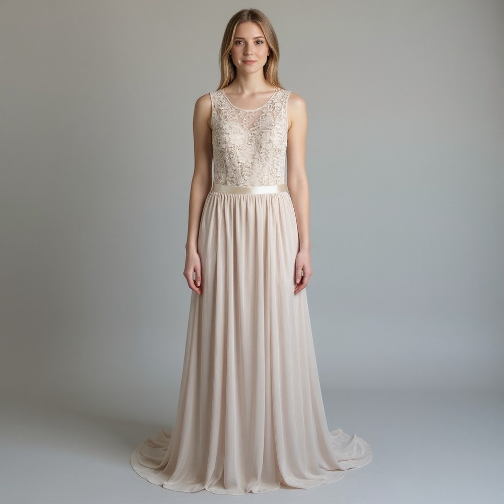 Davids Bridal Biscotti Lace Mesh Sleeveless Maxi Dress F19328 Size 12 NWT